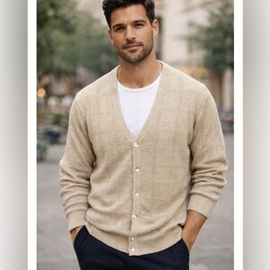 Roundtree & Yorke Cardigan V Neck Cotton & Wool Vintage Windowpane Texture Large